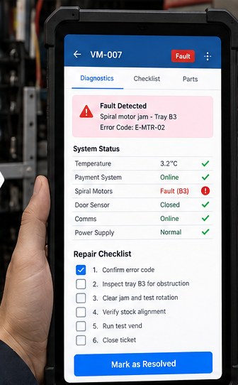 Technician tool showing a detected fault, system status and a repair checklist.