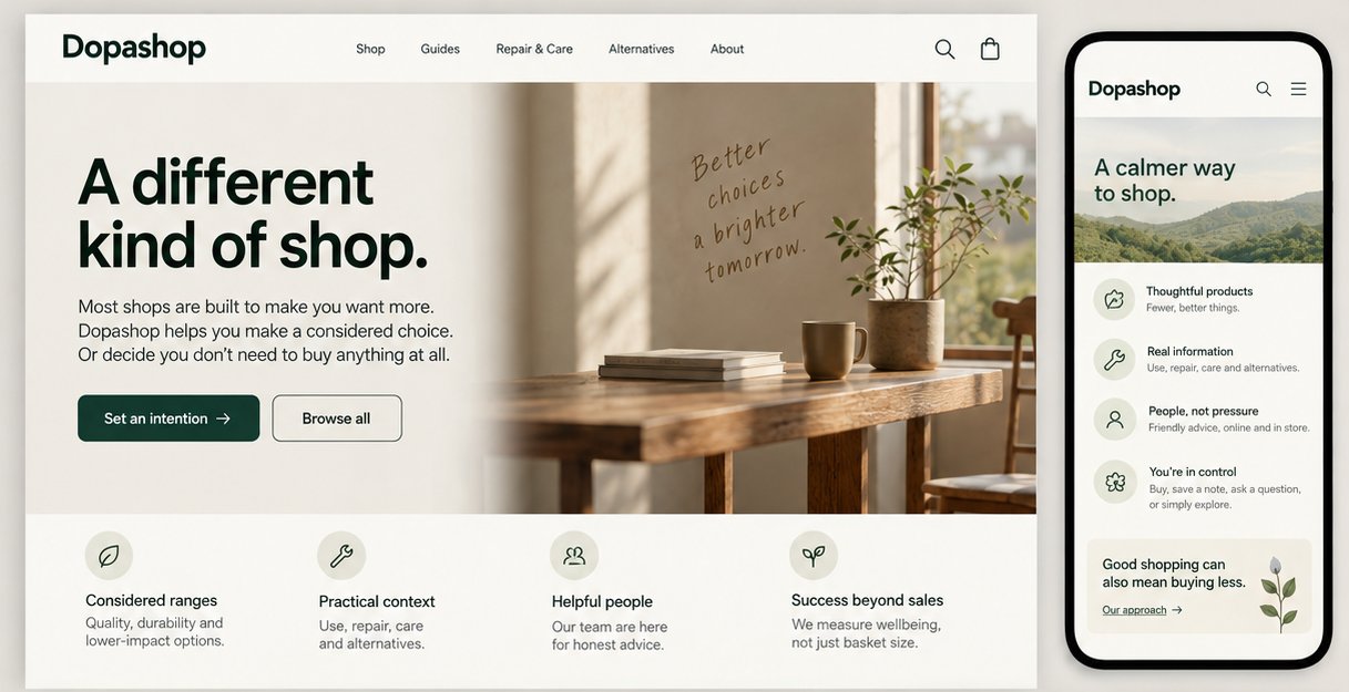 Dopashop concept designs: a website home page headed "A different kind of shop" beside a phone view headed "A calmer way to shop", with four principles: considered ranges, practical context, helpful people and success beyond sales.