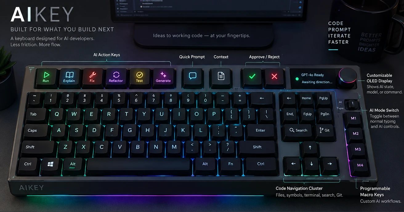 Concept render of the keyboard on a desk, with a row of AI action keys, approve and reject keys, an OLED status display, macro keys and RGB lighting.