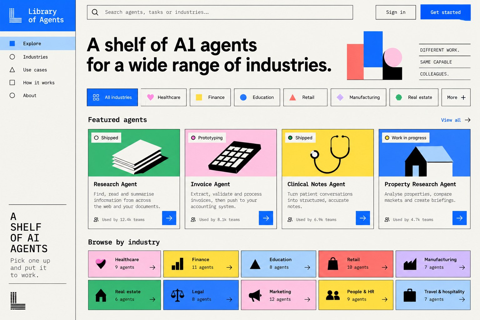 The Library of Agents home screen: the headline "A shelf of AI agents for a wide range of industries", industry filters, four featured agents (Research, Invoice, Clinical Notes and Property Research) each with a status tag, and colourful tiles to browse by industry.