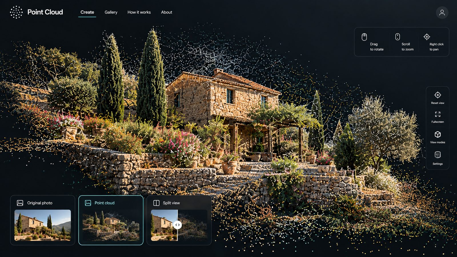 A stone farmhouse with terraces, cypress trees and flowers rendered as a glowing 3D point cloud on a dark background, with controls to switch between the original photo, the point cloud and a split view.