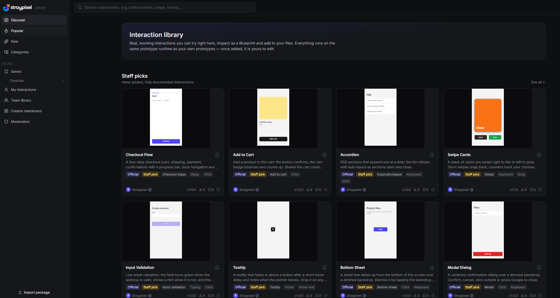 Straypixel's interaction library: a dark interface with a sidebar and a grid of staff-pick interactions, including Checkout Flow, Add to Cart, Accordion, Swipe Cards, Input Validation, Tooltip, Bottom Sheet and Modal Dialog.